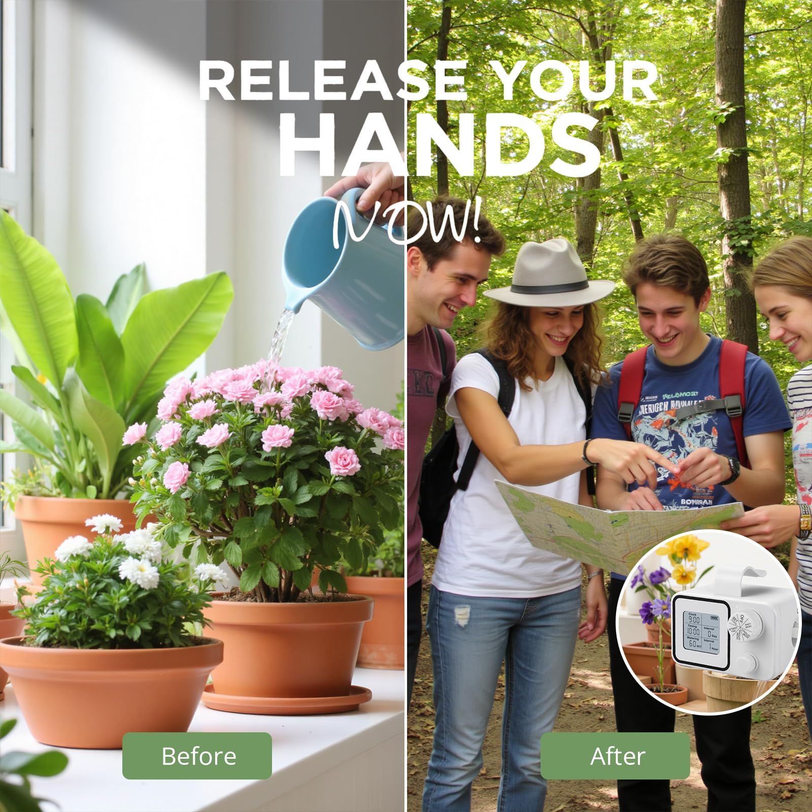 Tepsmigo vacation-use mode keeps plants hydrated while you’re away.