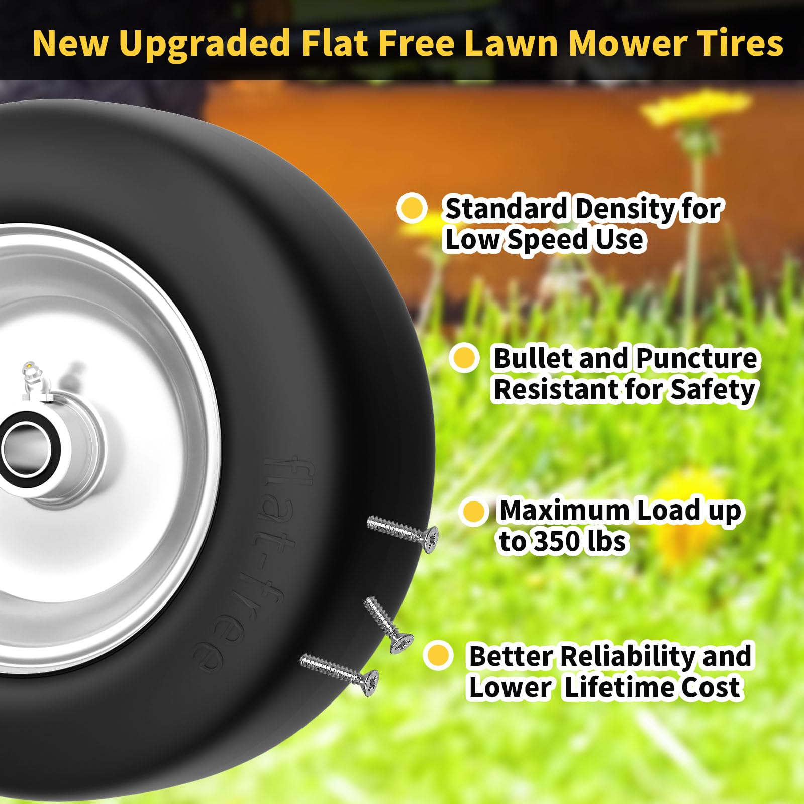 TEPU 11x4-5 flat-free tire in use on a lawn mower.