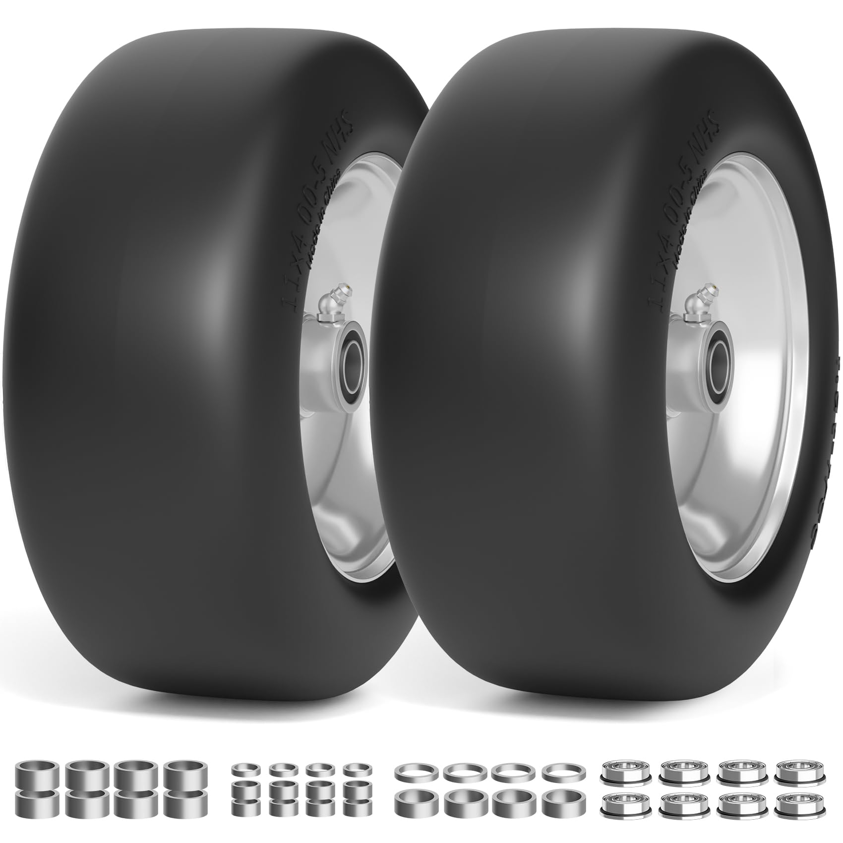 TEPU 11x4-5 flat-free tire side view highlighting puncture-proof, lawn-friendly performance.