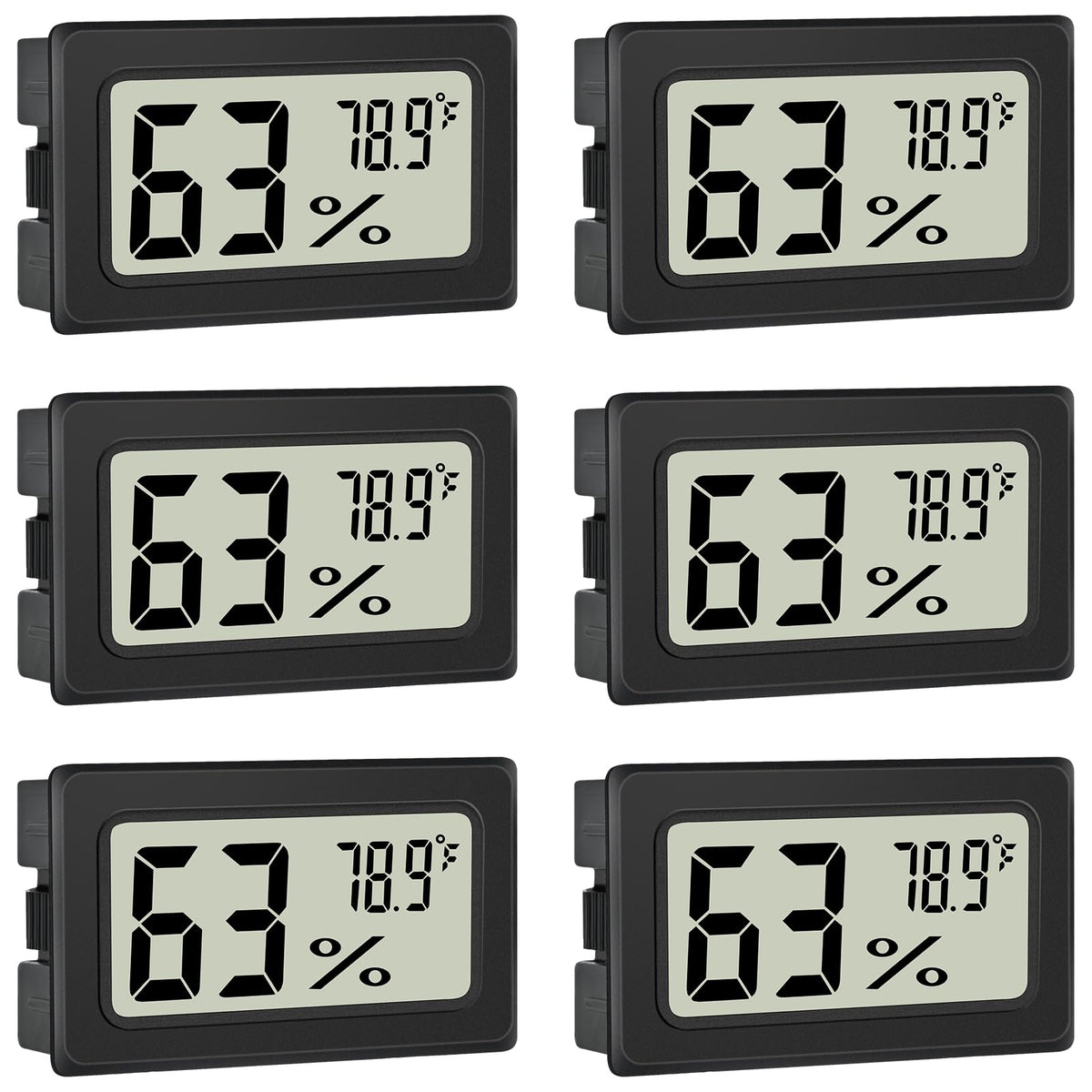 TeqyAqs six-pack humidity meters with probe and display for precise indoor monitoring.