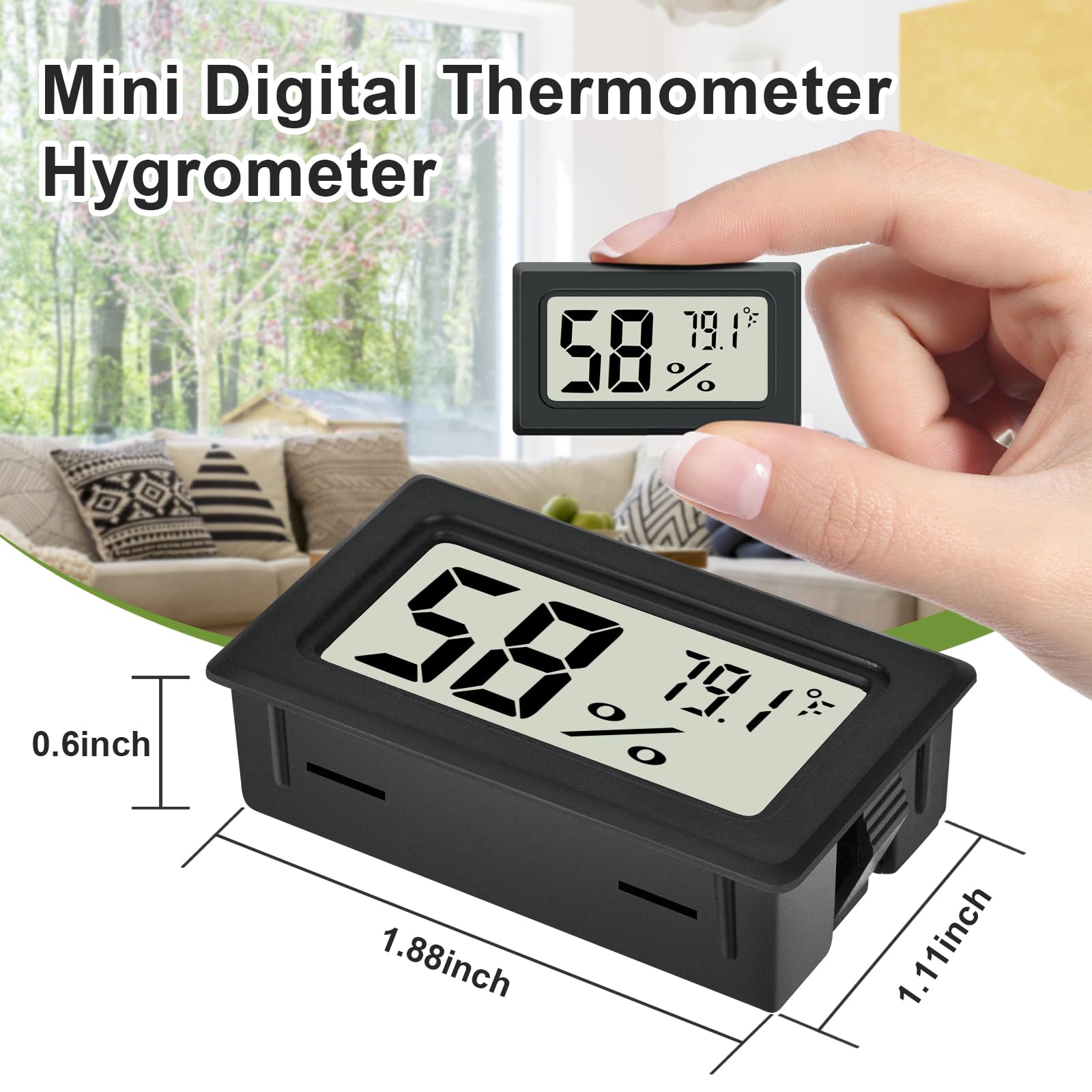TeqyAqs mini digital thermometer-hygrometer with front panel display for compact spaces.