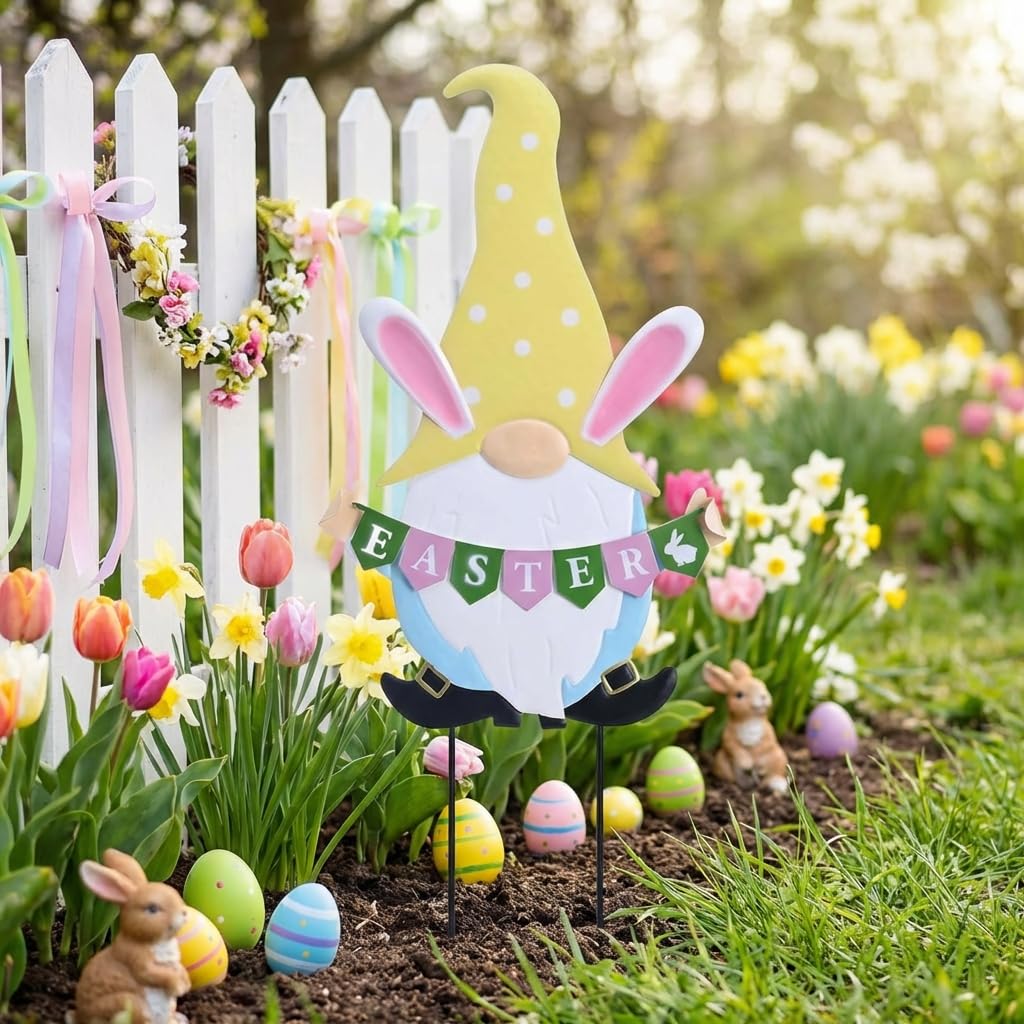 TERESA'S COLLECTIONS Easter gnome stake blue egg enhances garden decor and yard appeal.
