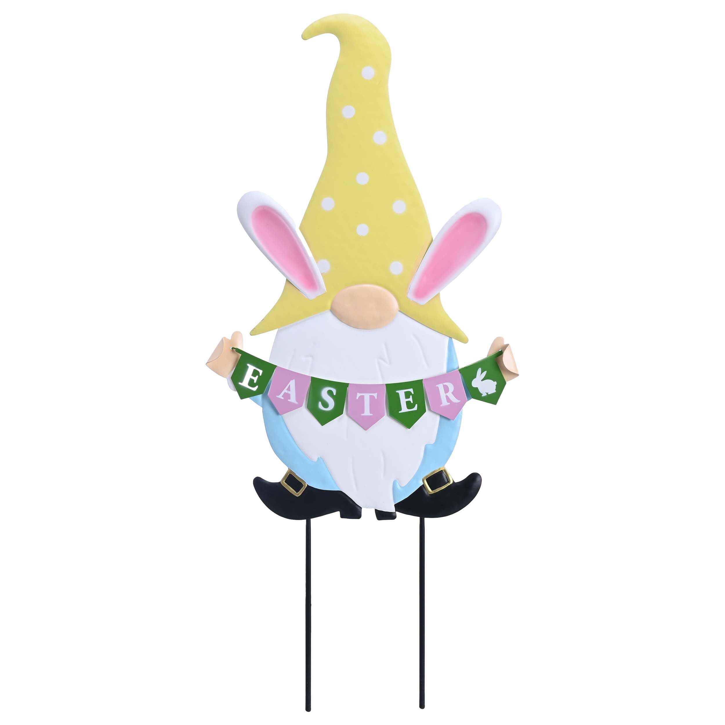 TERESA'S COLLECTIONS Easter gnome stake pink hat greets guests in outdoor spaces.