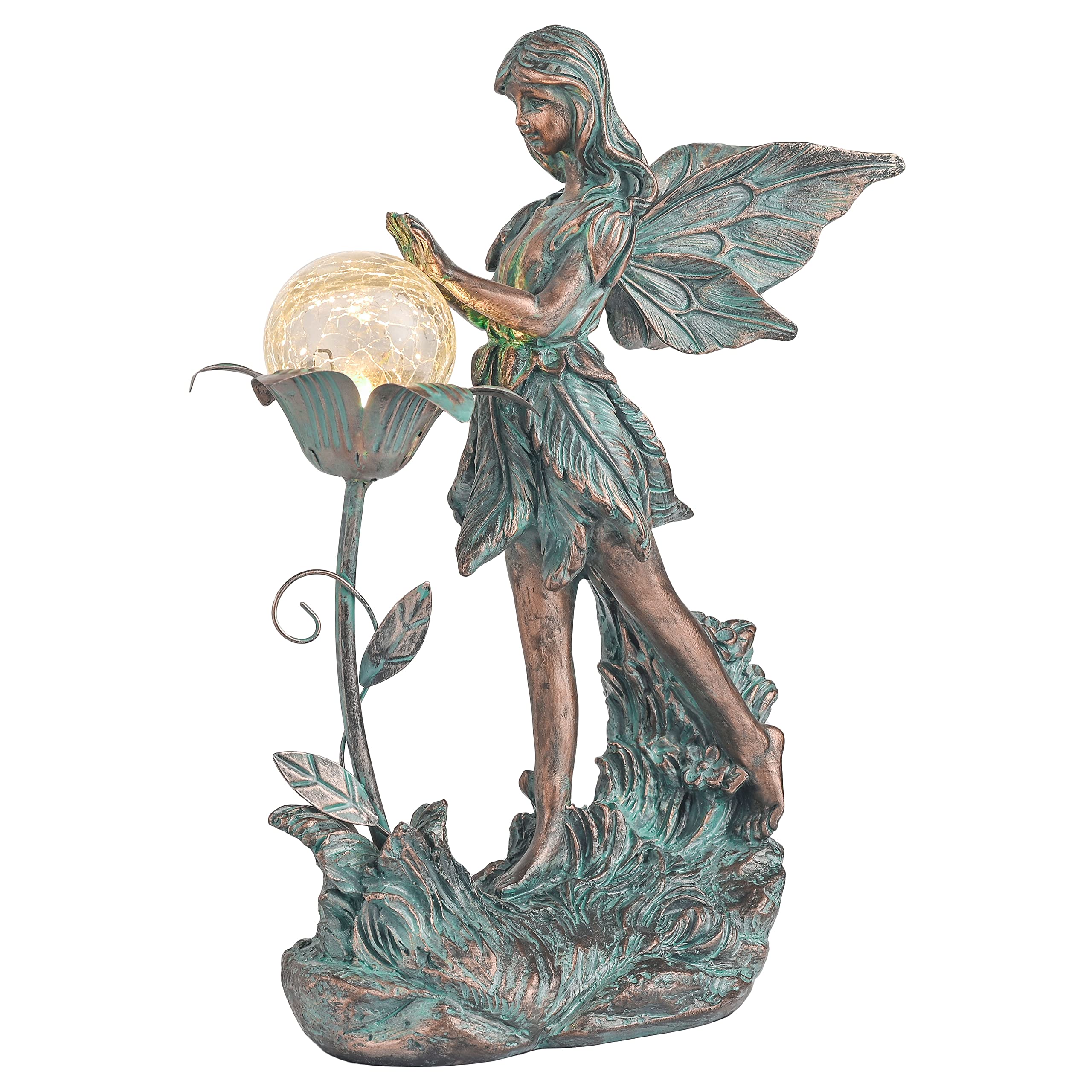 TERESA'S COLLECTIONS garden fairy statue with crackle globe illuminates evening gardens.