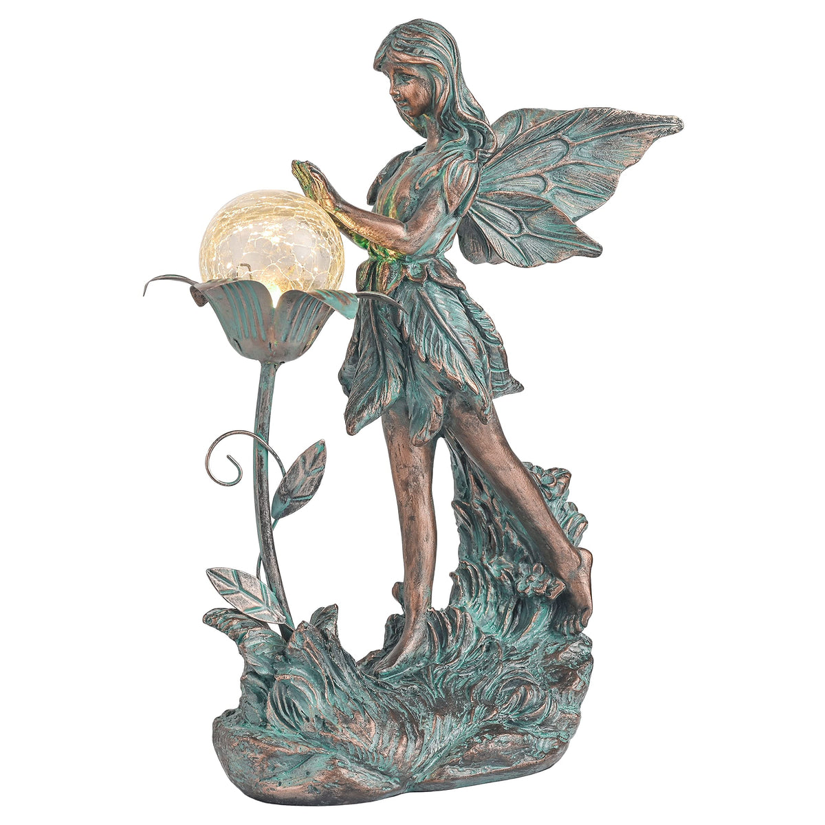 TERESA'S COLLECTIONS garden fairy statue with crackle globe illuminates evening gardens.