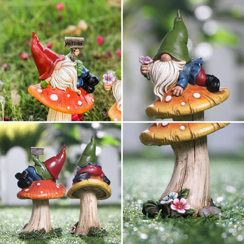 Teresa's Collections resin gnomes on mushroom adding colorful whimsy to yard