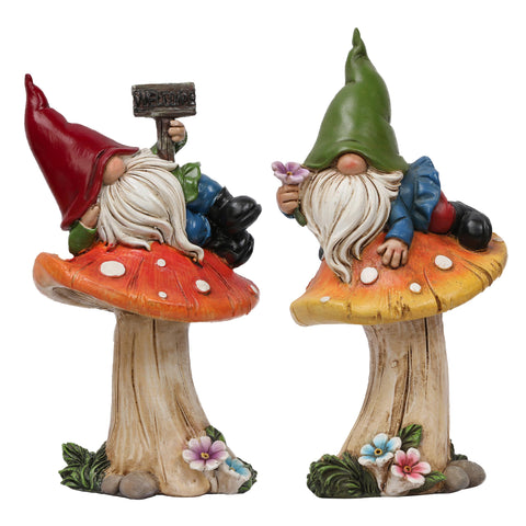 Teresa's Collections garden gnomes on mushroom set 2 gnomes ready to greet guests outdoors