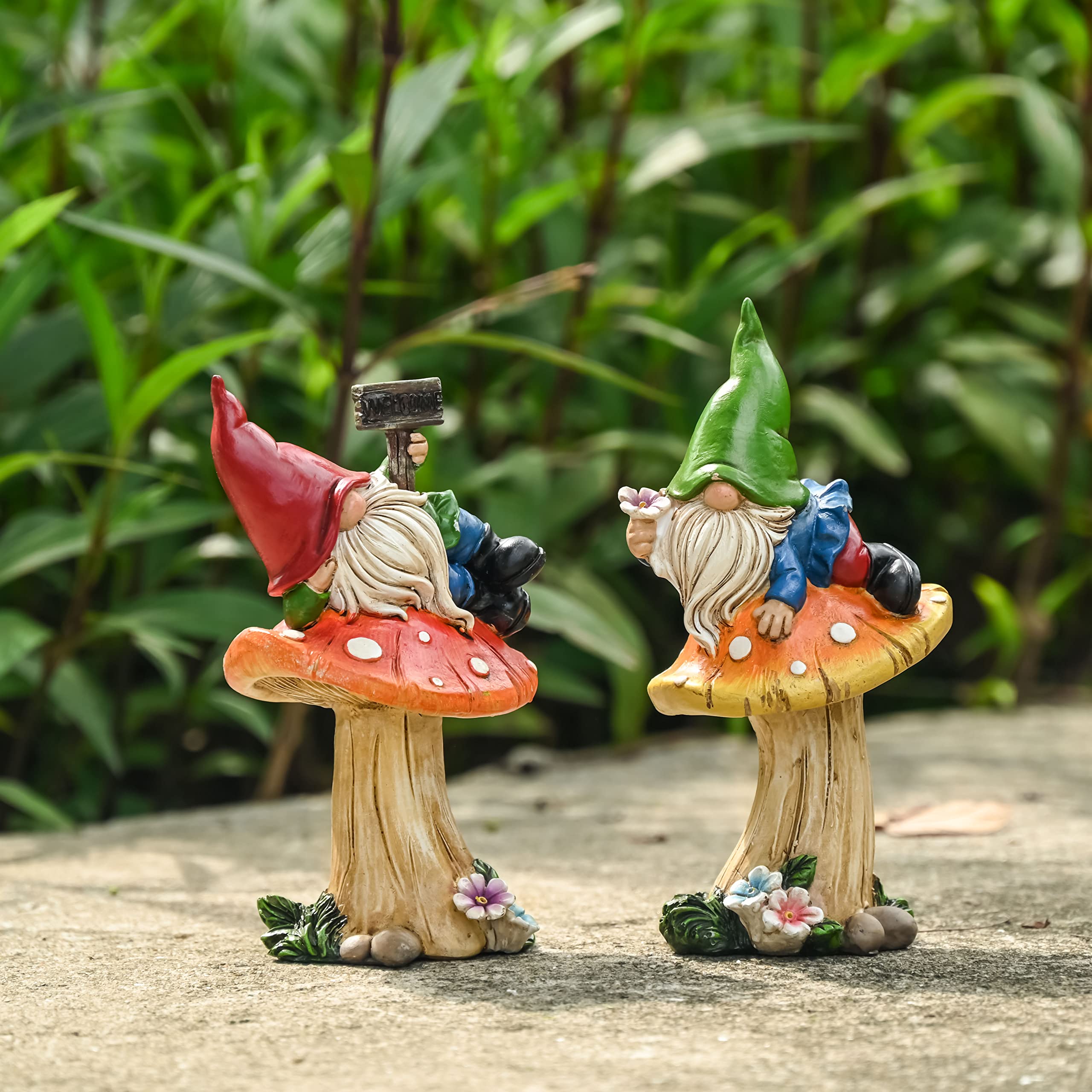 Teresa's Collections gnomes on mushroom with weatherproof coating for year-round display