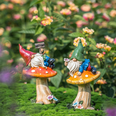 Teresa's Collections gnomes on mushroom welcome sign with flowers for porch charm