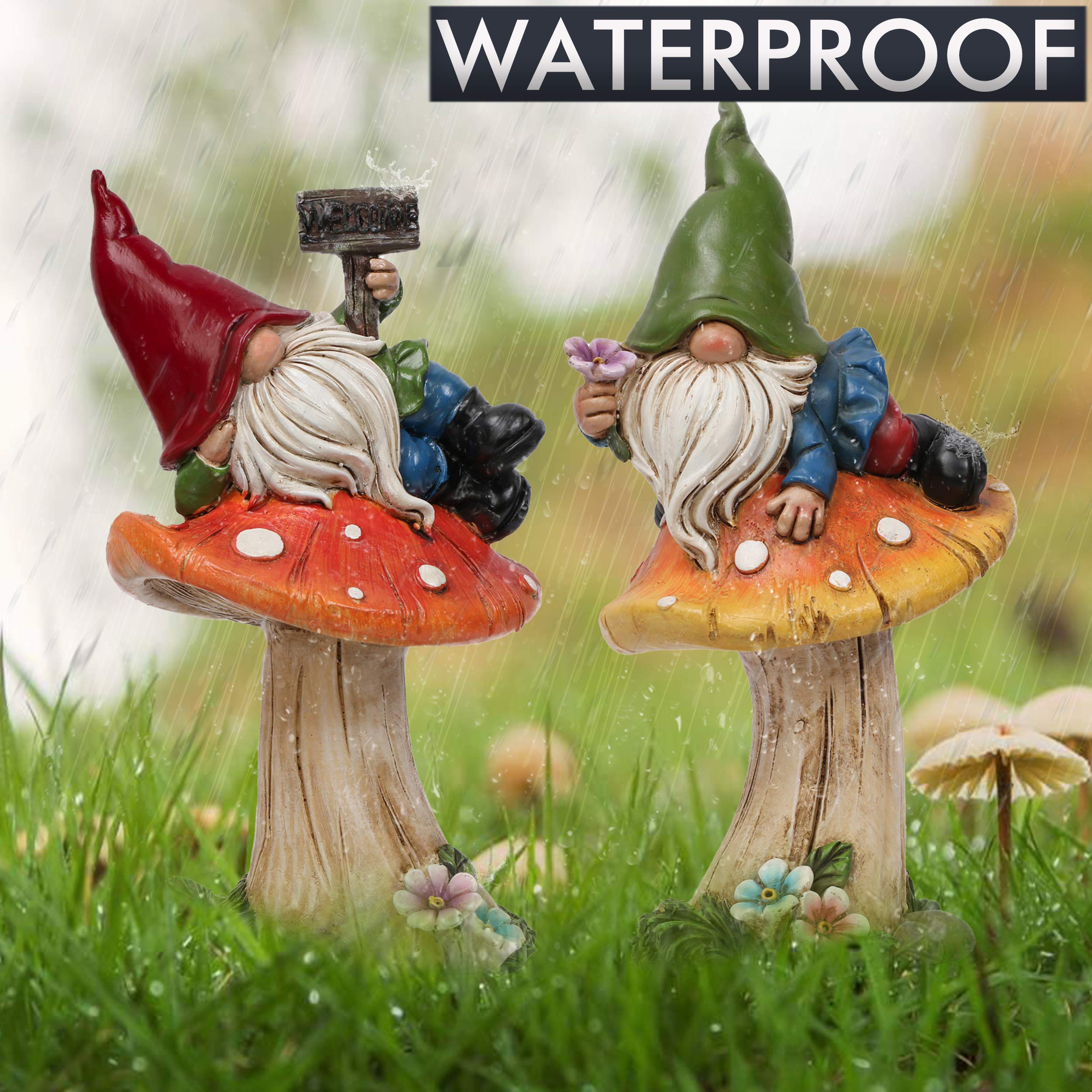 Teresa's Collections gnome pair on mushroom suitable for porch, lawn, or garden paths