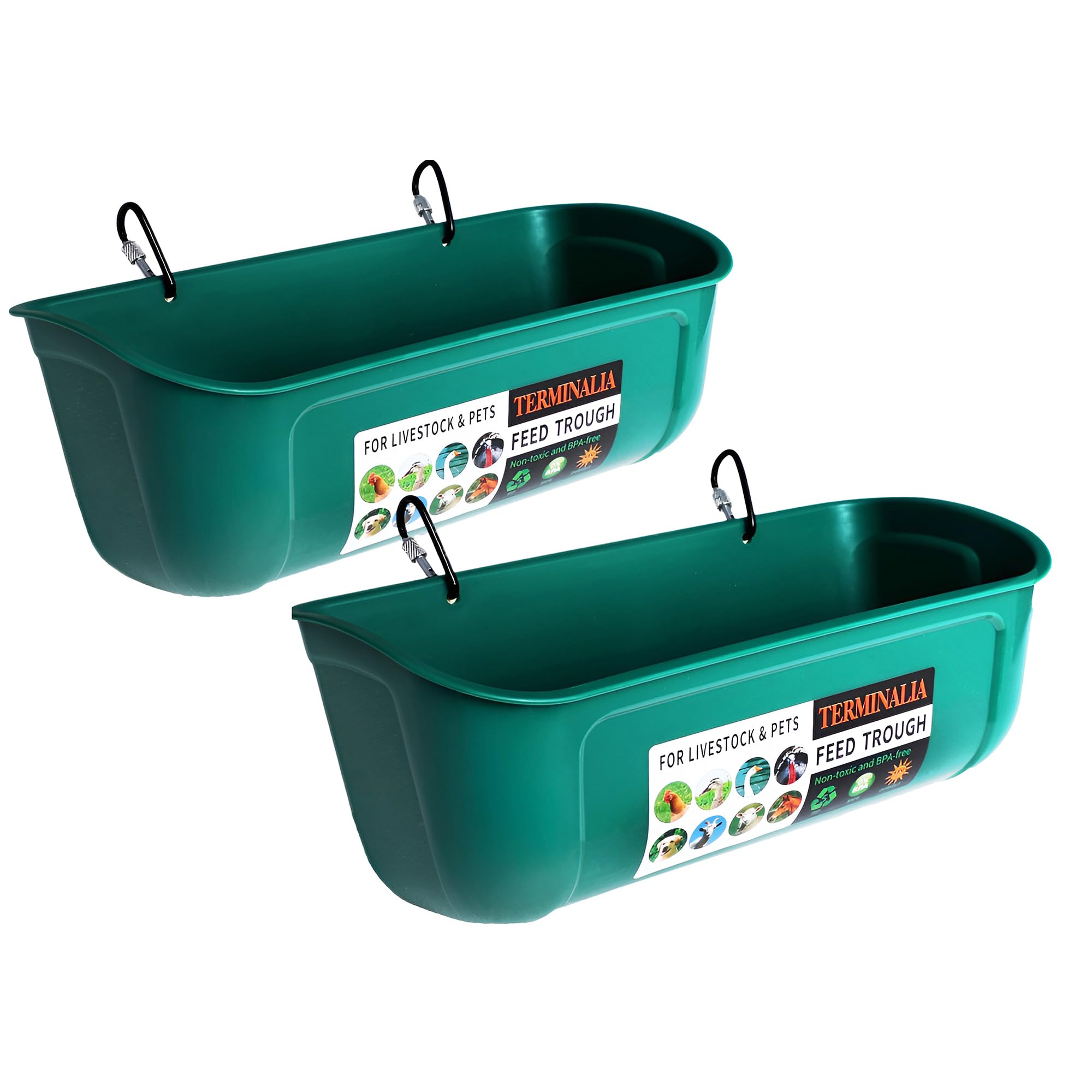 Terminalia 2-pack duck chicken feeder hung on fence for clean feeding.