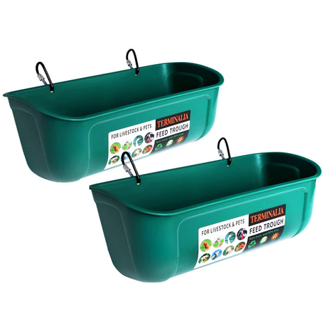 Terminalia 2-pack duck chicken feeder hung on fence for clean feeding.
