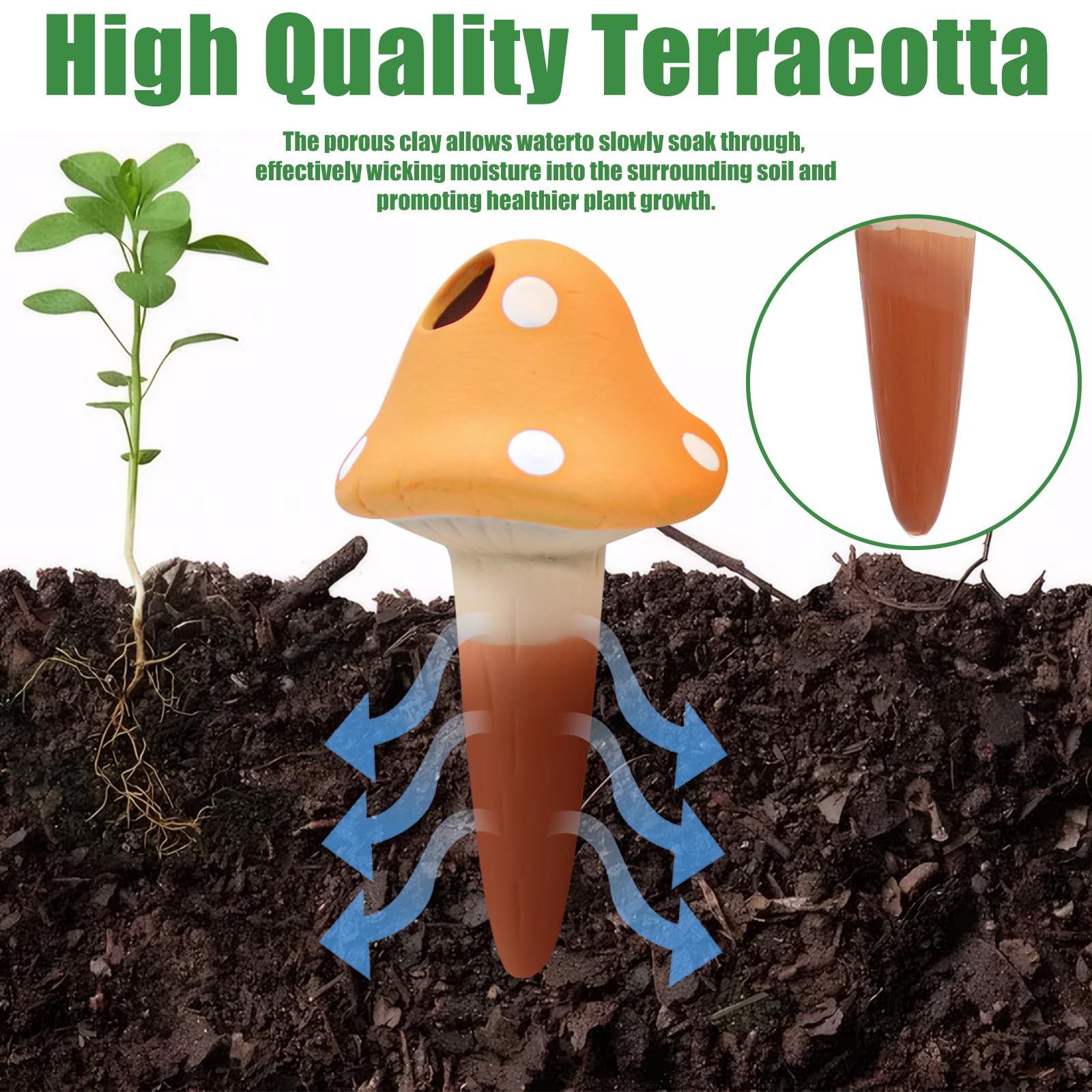 Self-watering spike inserted into soil near roots for easy plant care.