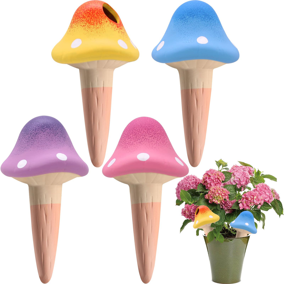 Terracotta watering spike mushroom shape pack front keeps plants hydrated while away.