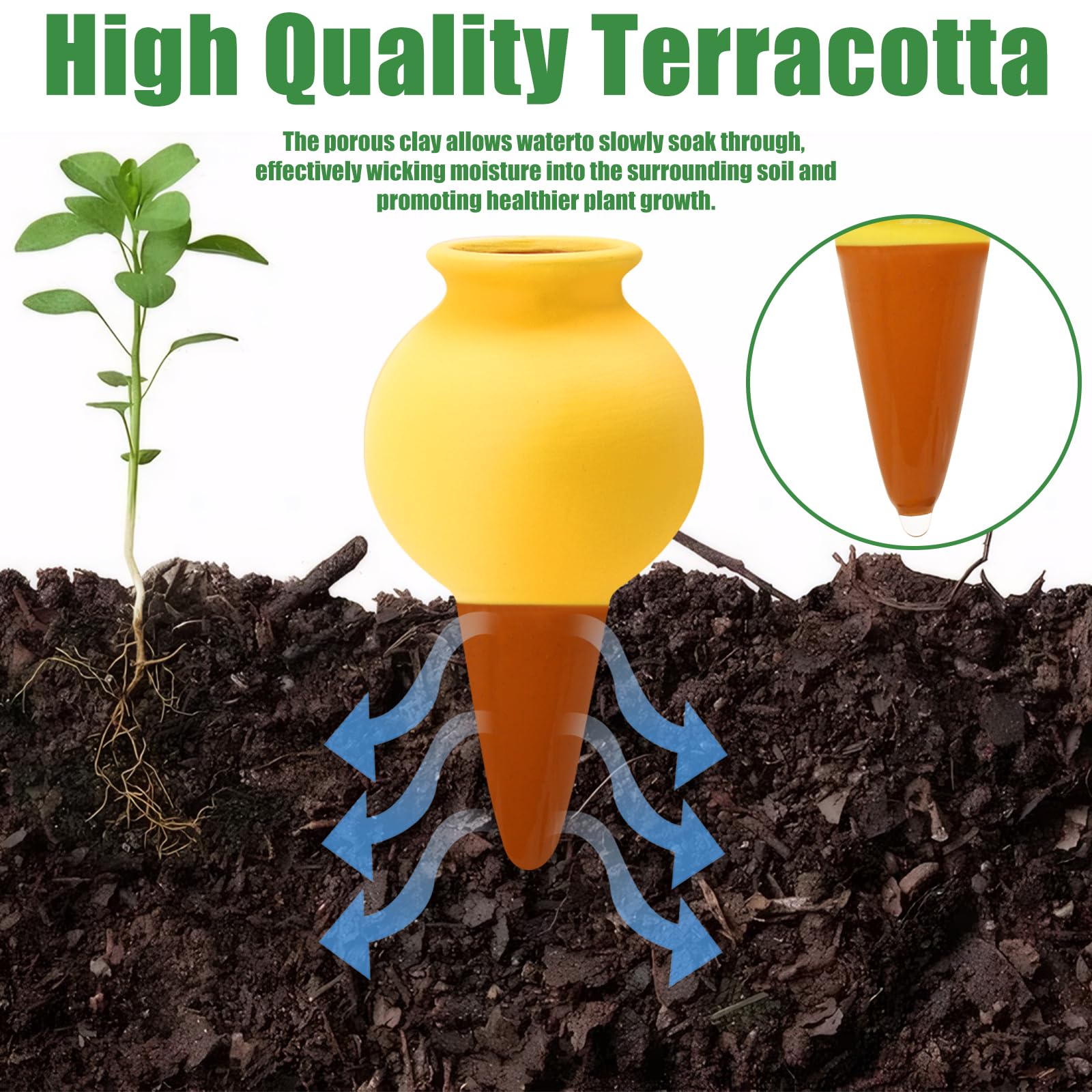 Terracotta Watering Spikes installed in soil near plant roots