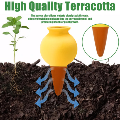 Terracotta Watering Spikes installed in soil near plant roots