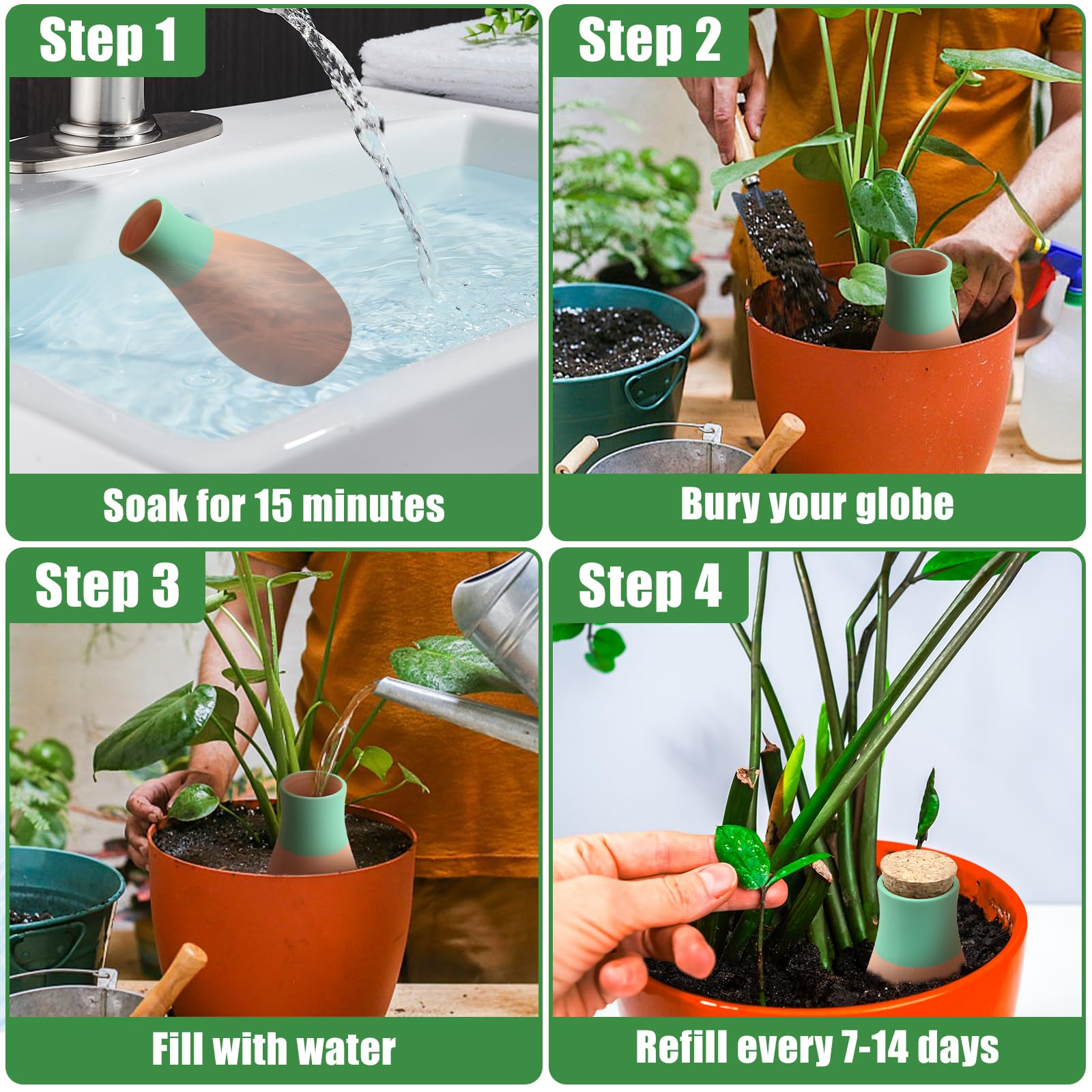 Terracotta watering spikes installed in a raised bed for efficient watering