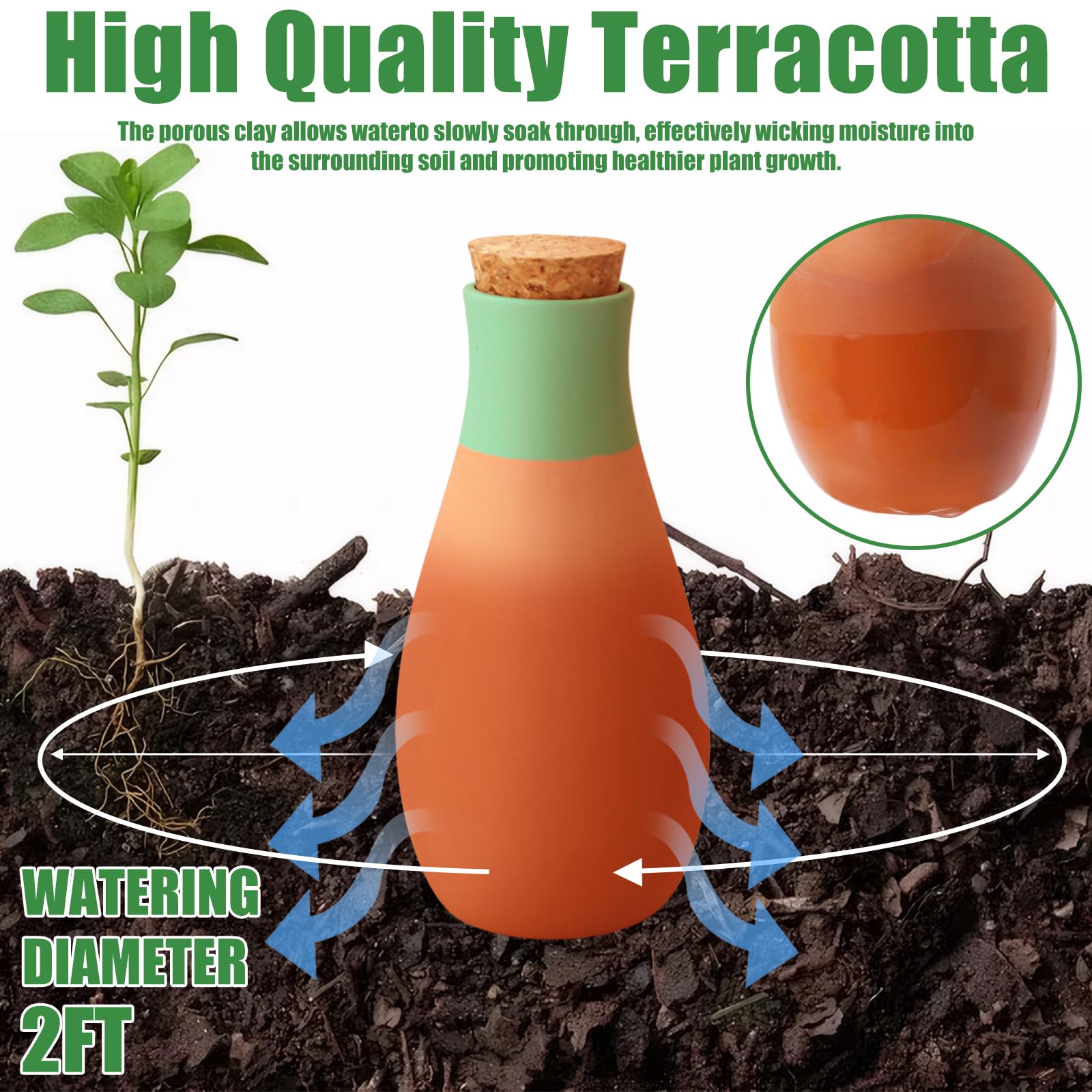 Terracotta watering spike delivering water directly to plant roots