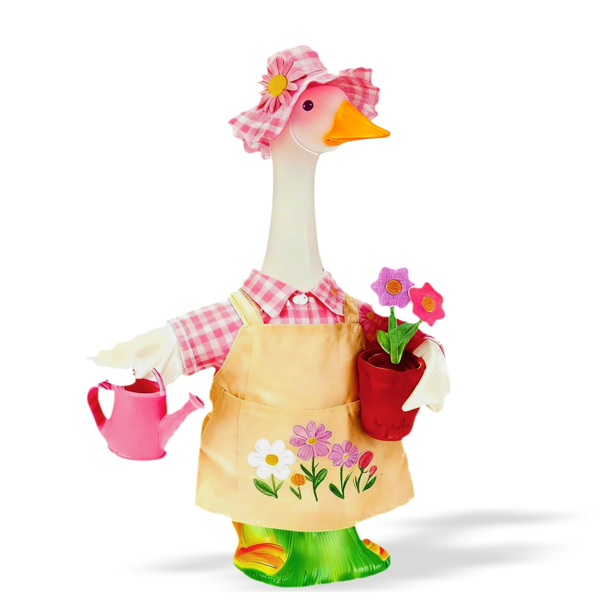 Terreva Gardener Porch Goose Outfit with pink floral hat adds whimsy to spring garden display