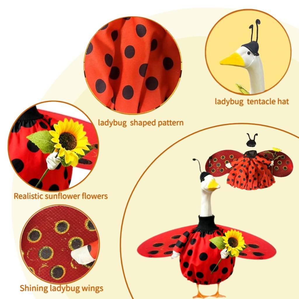 Terreva ladybug outfit on a concrete goose creates playful garden decor.