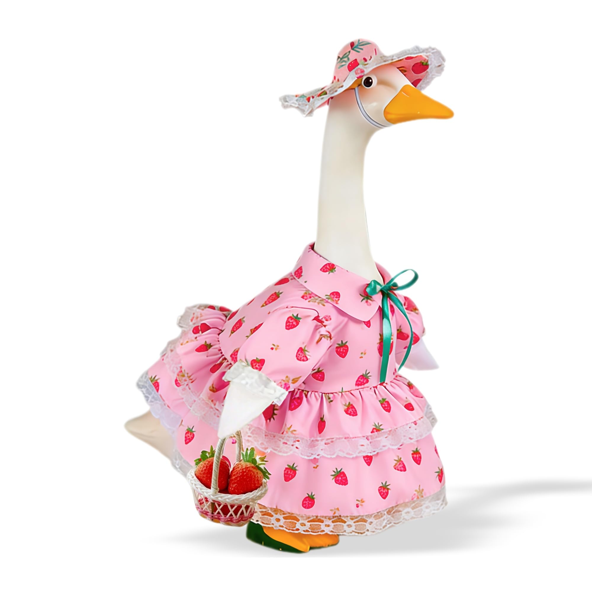 Terreva pink strawberry skirt and hat on a goose, ideal for spring porch decor.