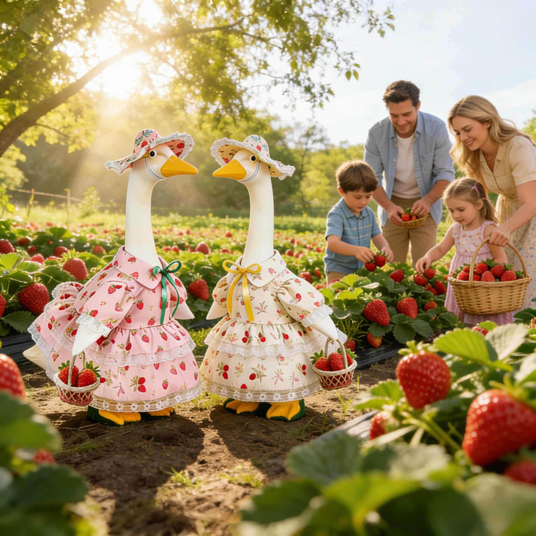 Terreva strawberry-pattern fabric on goose outfit adds vibrant garden party appeal.