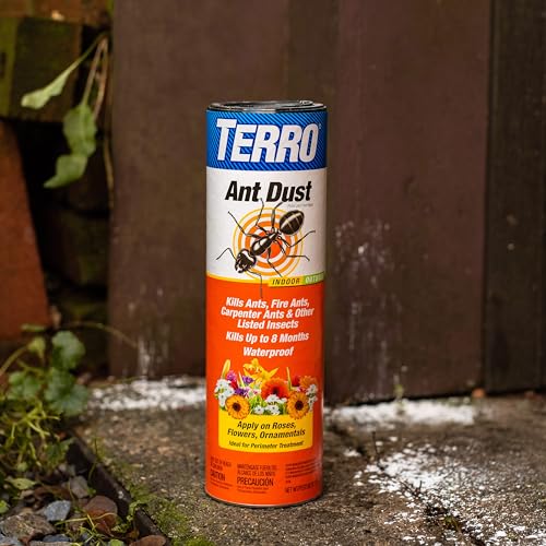 Terro Ant Dust being applied along a baseboard crack to deter pests