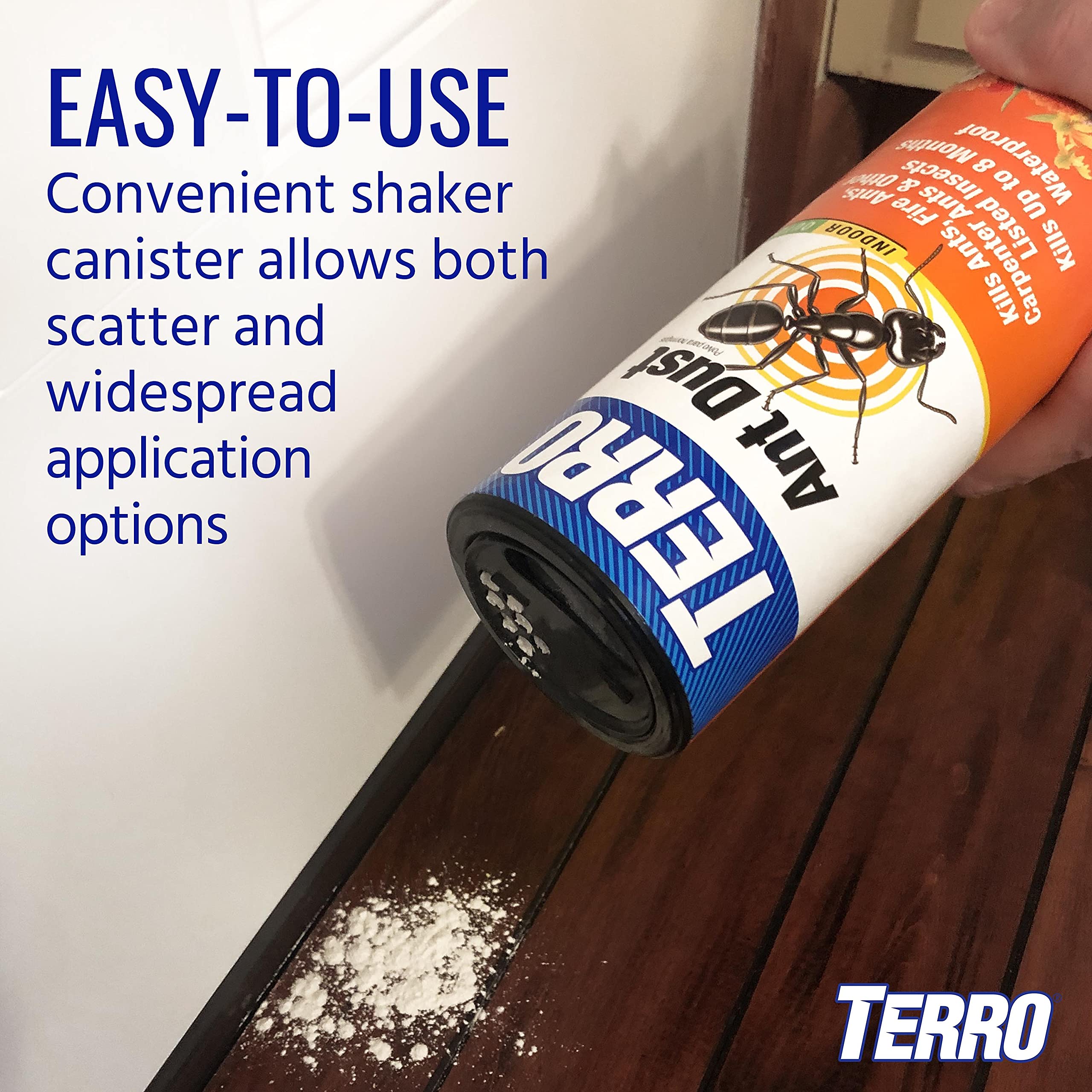 Terro Ant Dust container showing up to eight months of protection