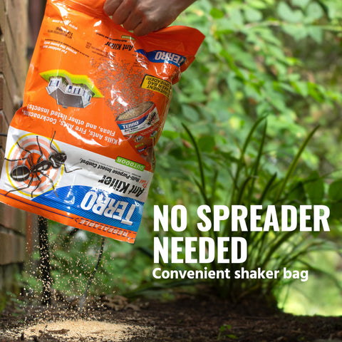 TERRO Ant Killer Plus outdoor use context with homeowner applying granules