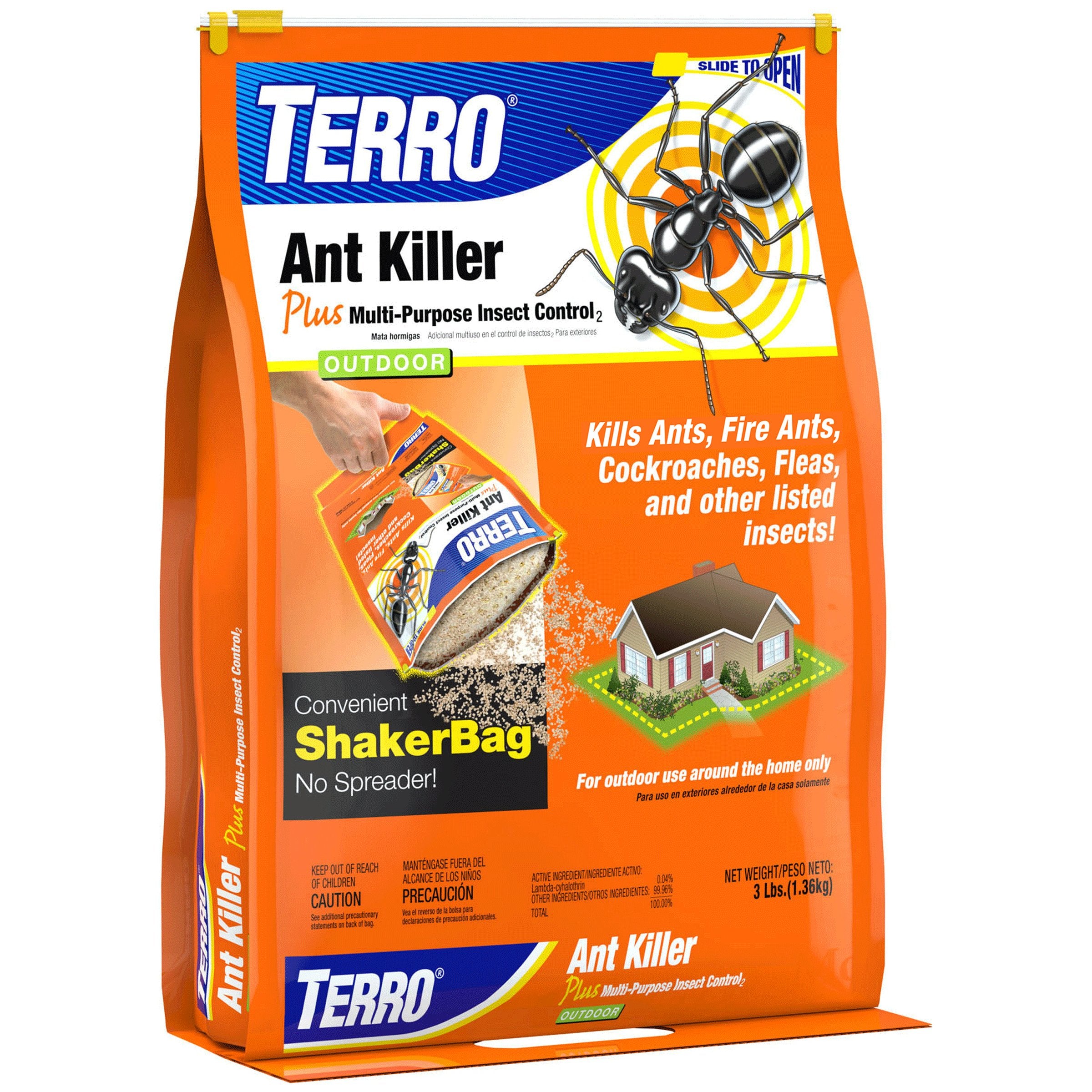 TERRO Ant Killer Plus perimeter treatment around the foundation for outdoor pest control.