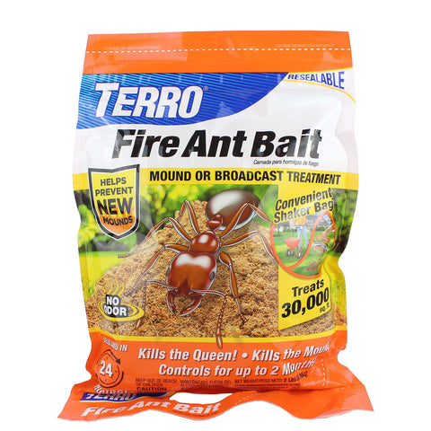 Terro fire ant bait bag open showing odor-free granules for mound treatment