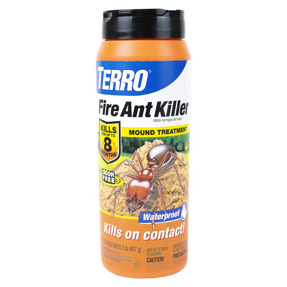 TERRO Fire Ant Killer shaker can applying granules to an outdoor mound for quick control.