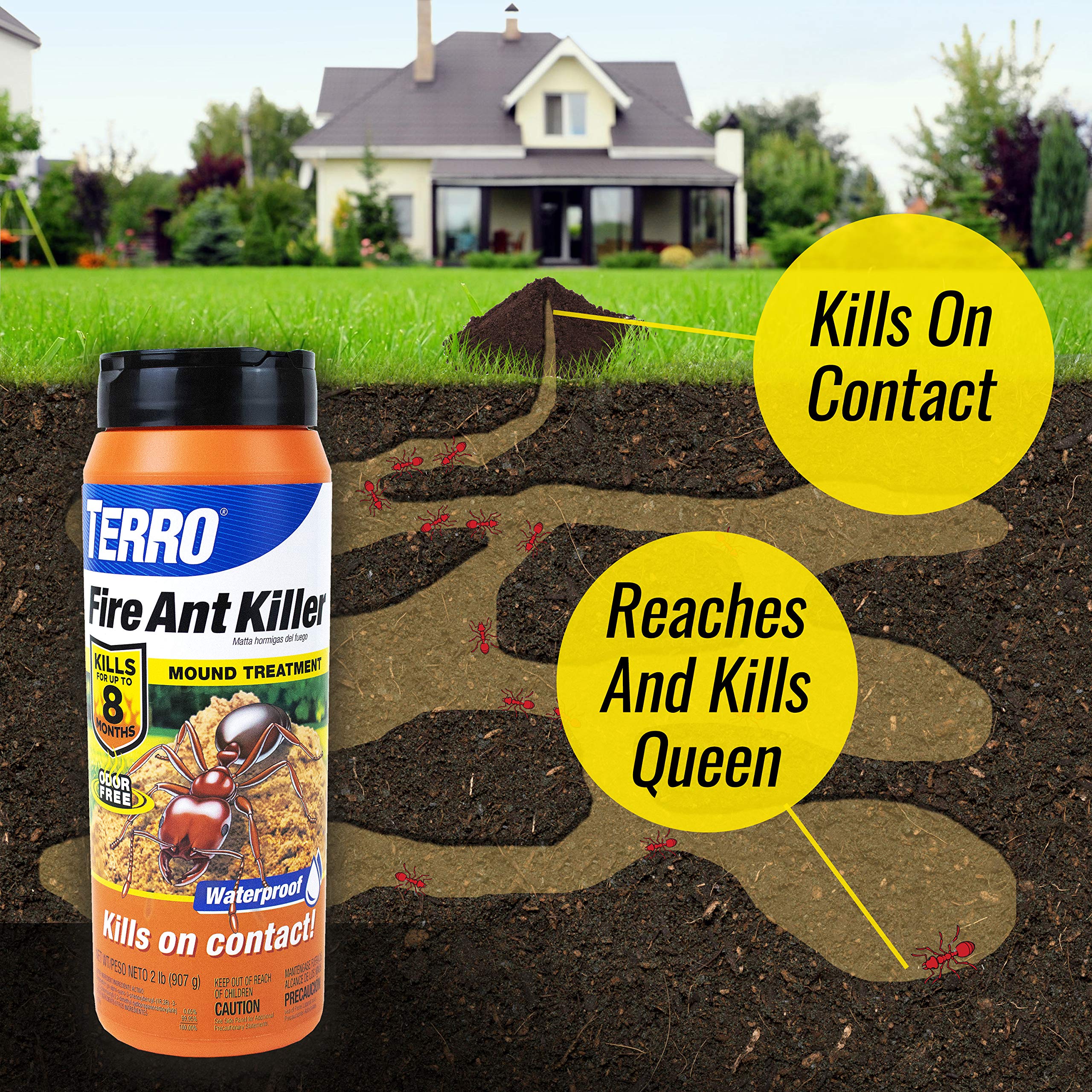 TERRO granules spread over a yard mound to kill fire ants on contact.