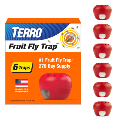 Terro fruit fly trap inside pack with visible catches for easy monitoring.