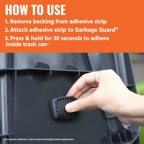 Garage trash bin usage with Terro Garbage Guard for pest reduction.