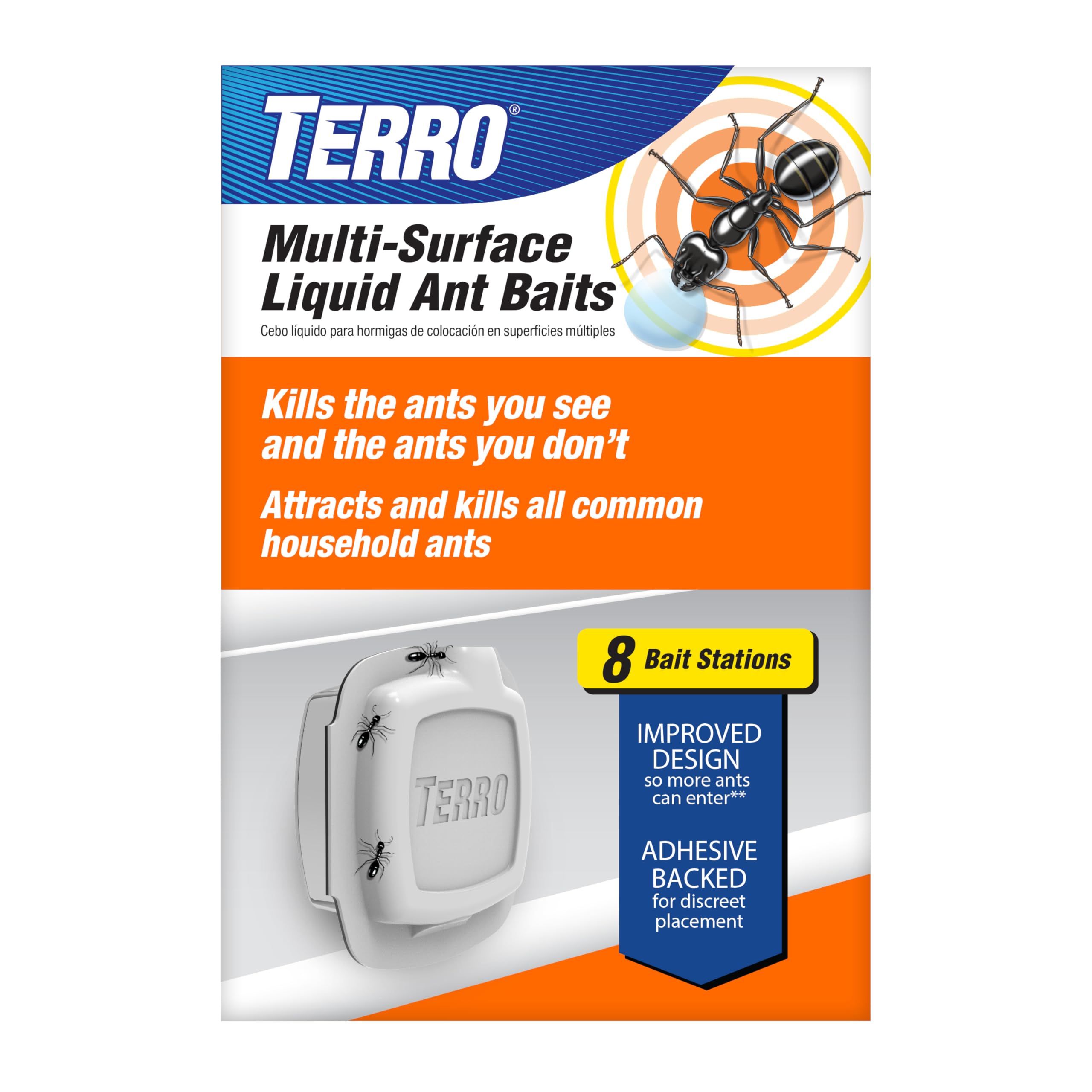 TERRO indoor liquid bait on wall with adhesive strips for discreet ant control