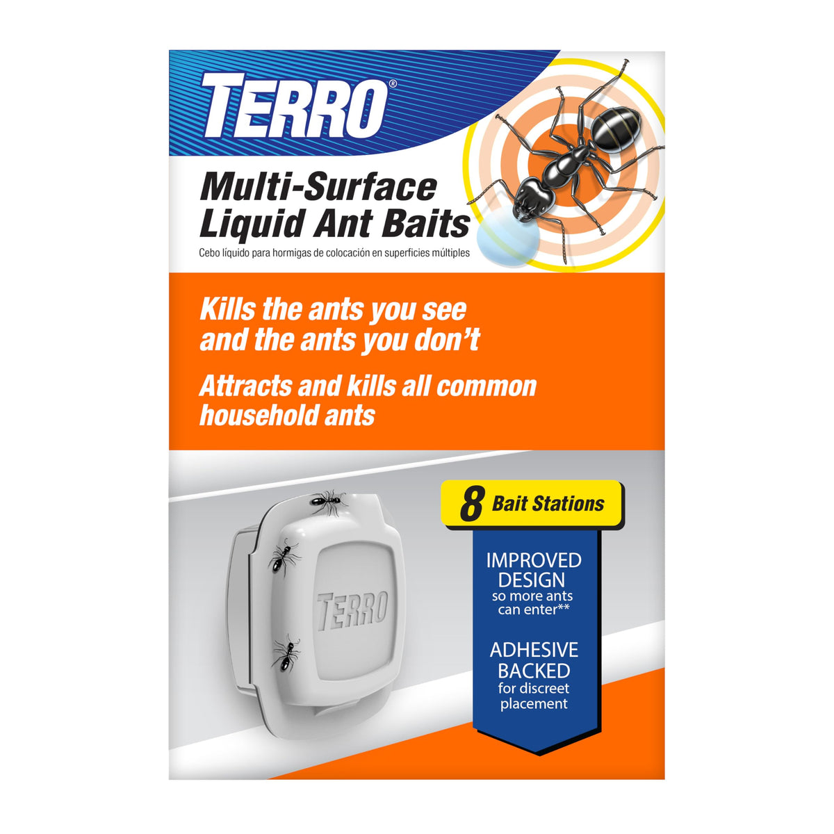 TERRO indoor liquid bait on wall with adhesive strips for discreet ant control