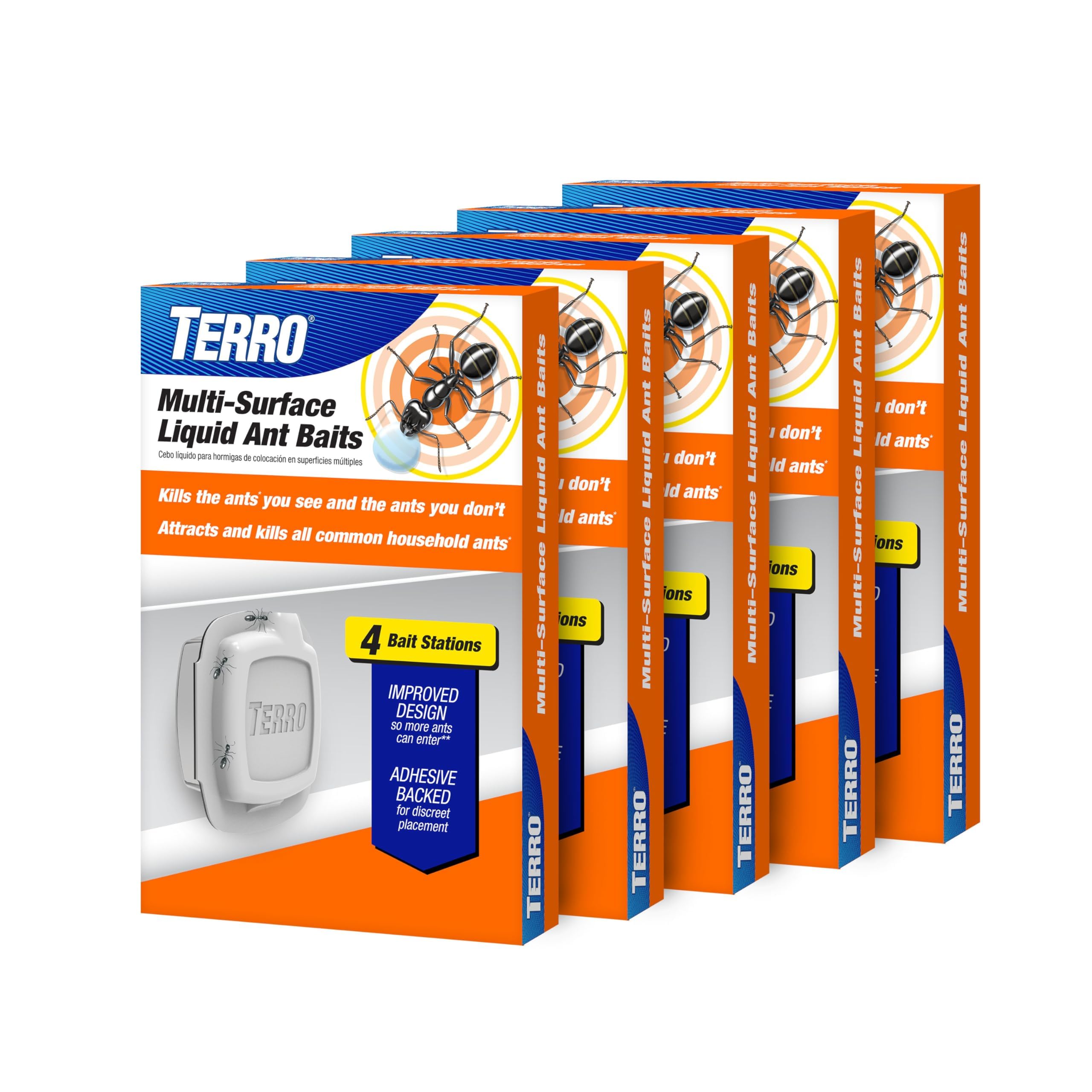 Terro indoor liquid ant baits with adhesive strips for discreet wall placement and control.