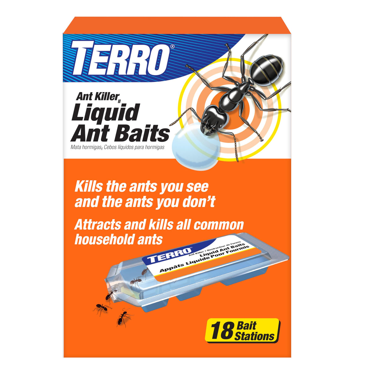 Terro T300-3SR liquid ant bait station close-up shows compact design for indoor use.