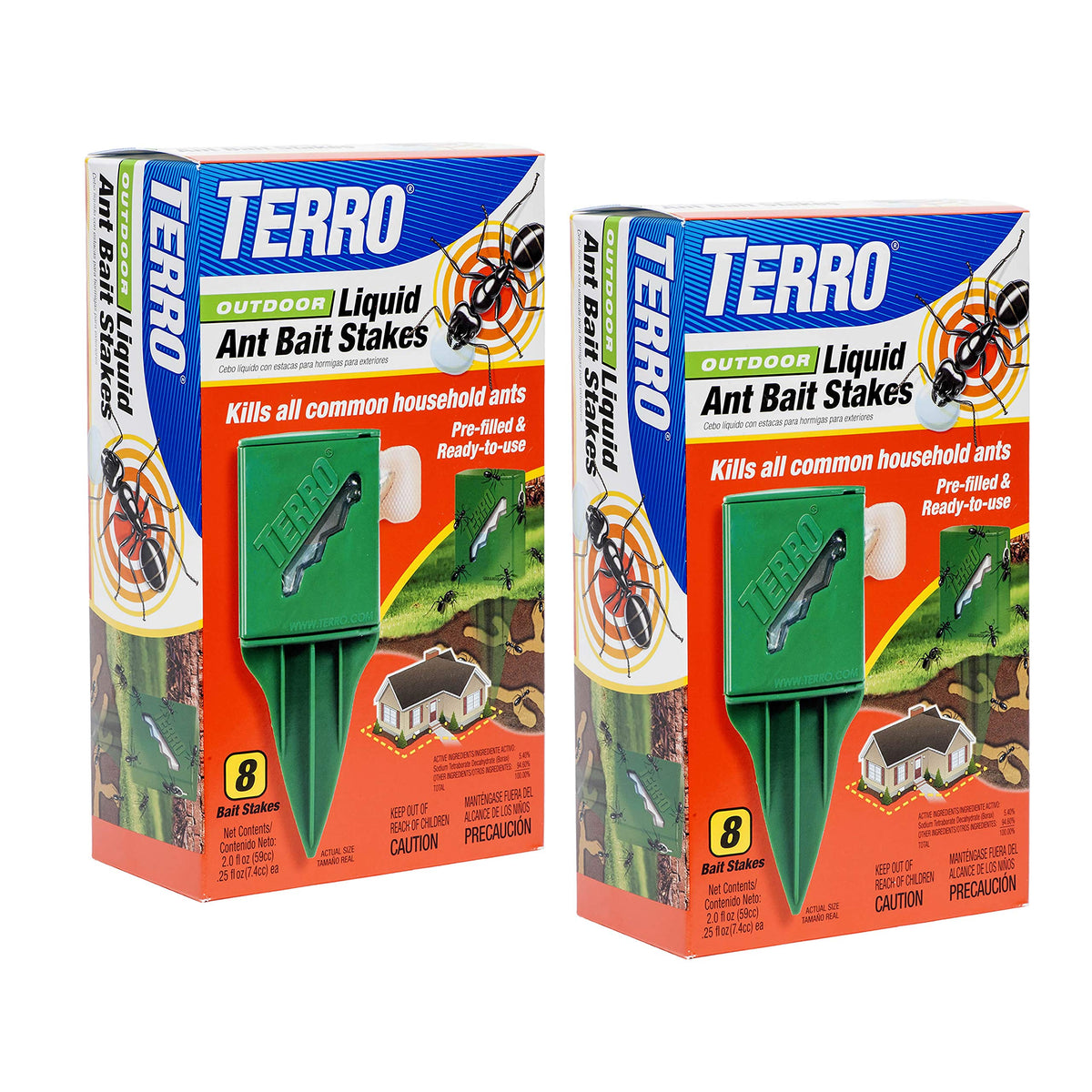 Terro outdoor liquid ant bait stake 2-pack shown outdoors for proactive ant control.