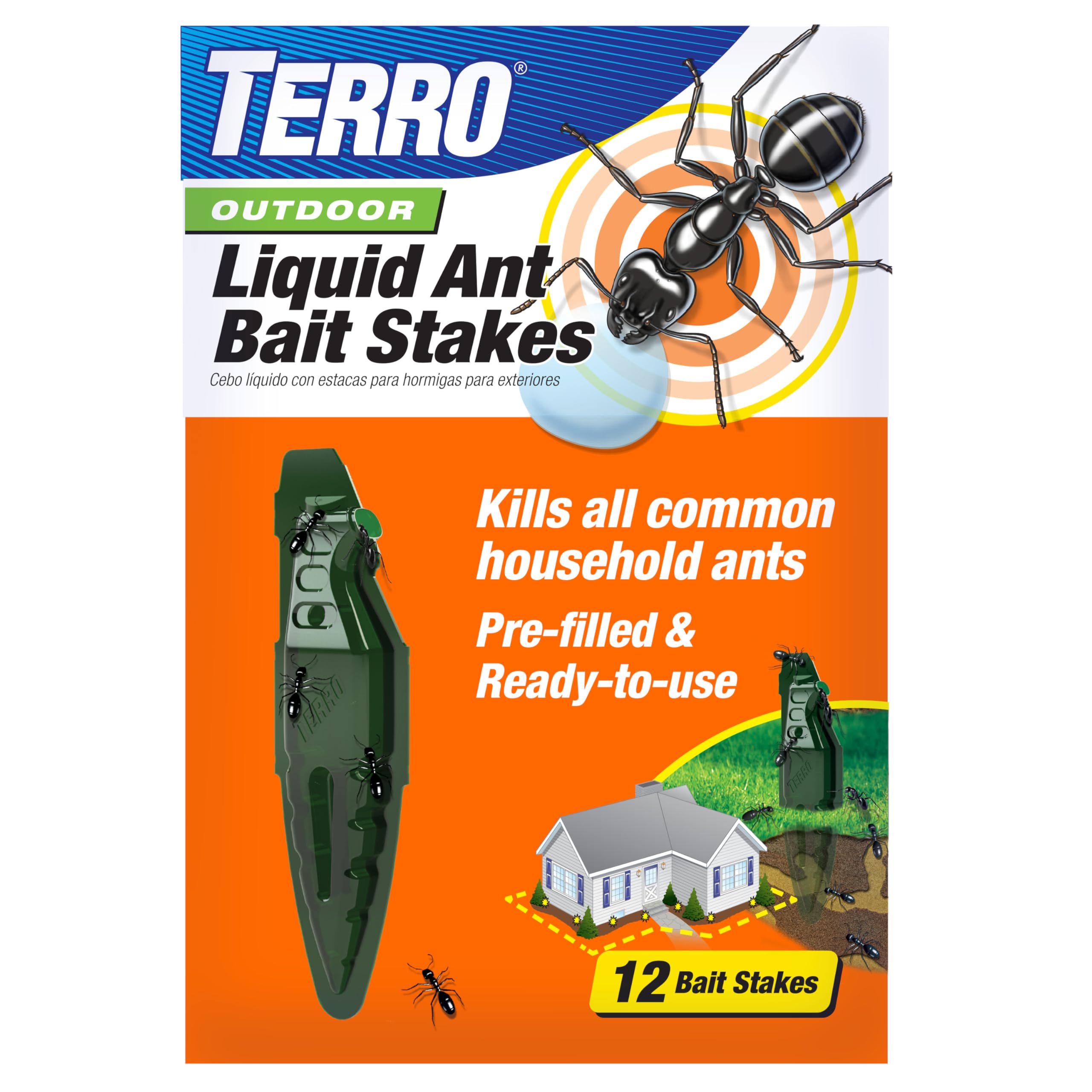 TERRO outdoor liquid ant bait stake setup attracts ants and targets local colonies.