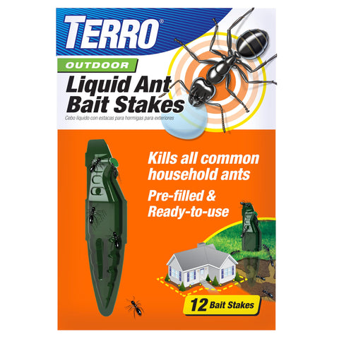 TERRO outdoor liquid ant bait stake setup attracts ants and targets local colonies.