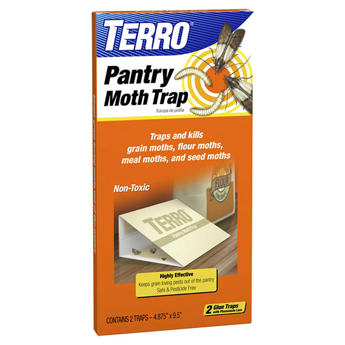 TERRO Pantry Moth Traps pack 2 on a kitchen shelf for long-lasting moth protection