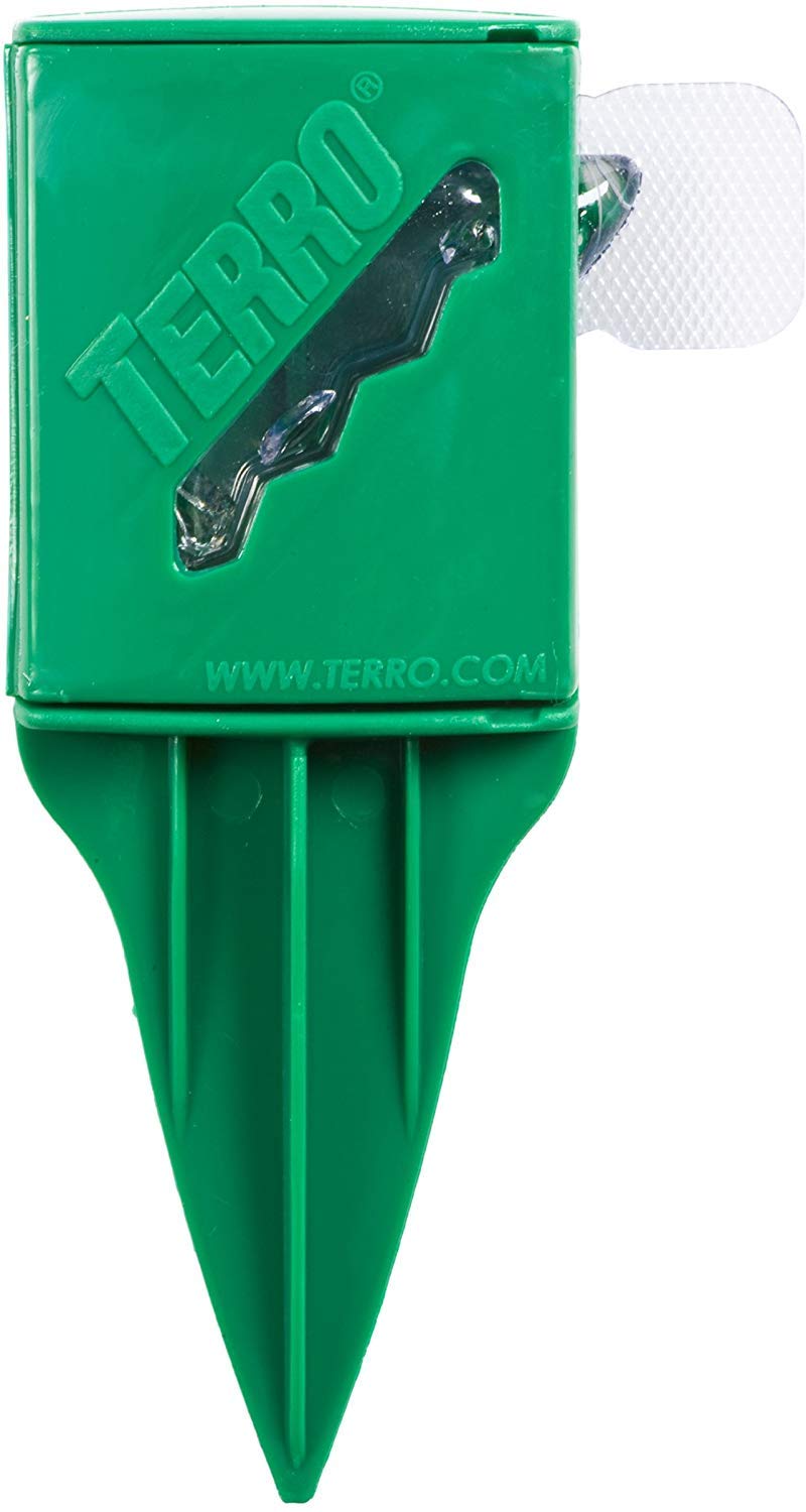 Terro stake inserted in soil showing simple, tool-free setup