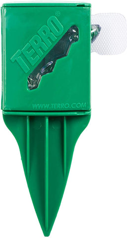 Terro stake inserted in soil showing simple, tool-free setup