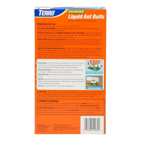 TERRO T1804-6 liquid bait activity shown along ant trails outdoors.