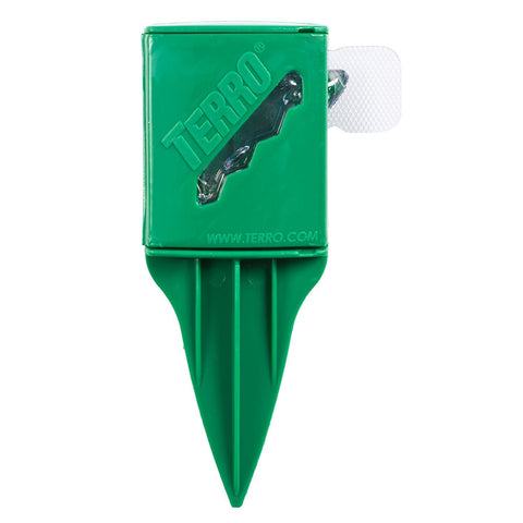 Terro bait stake see-through window for monitoring bait level outdoors.