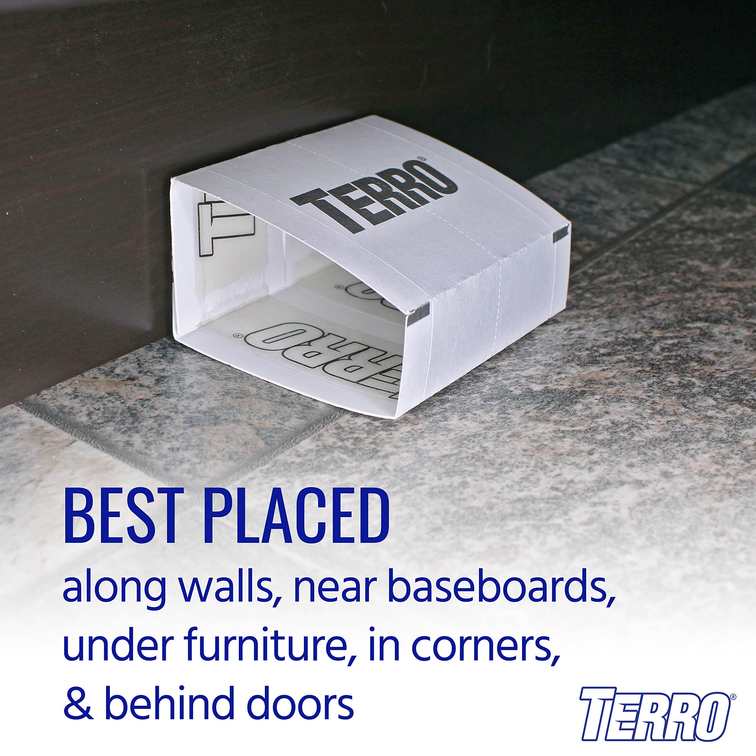 Terro T3206SR baseboard placement guides corner coverage.