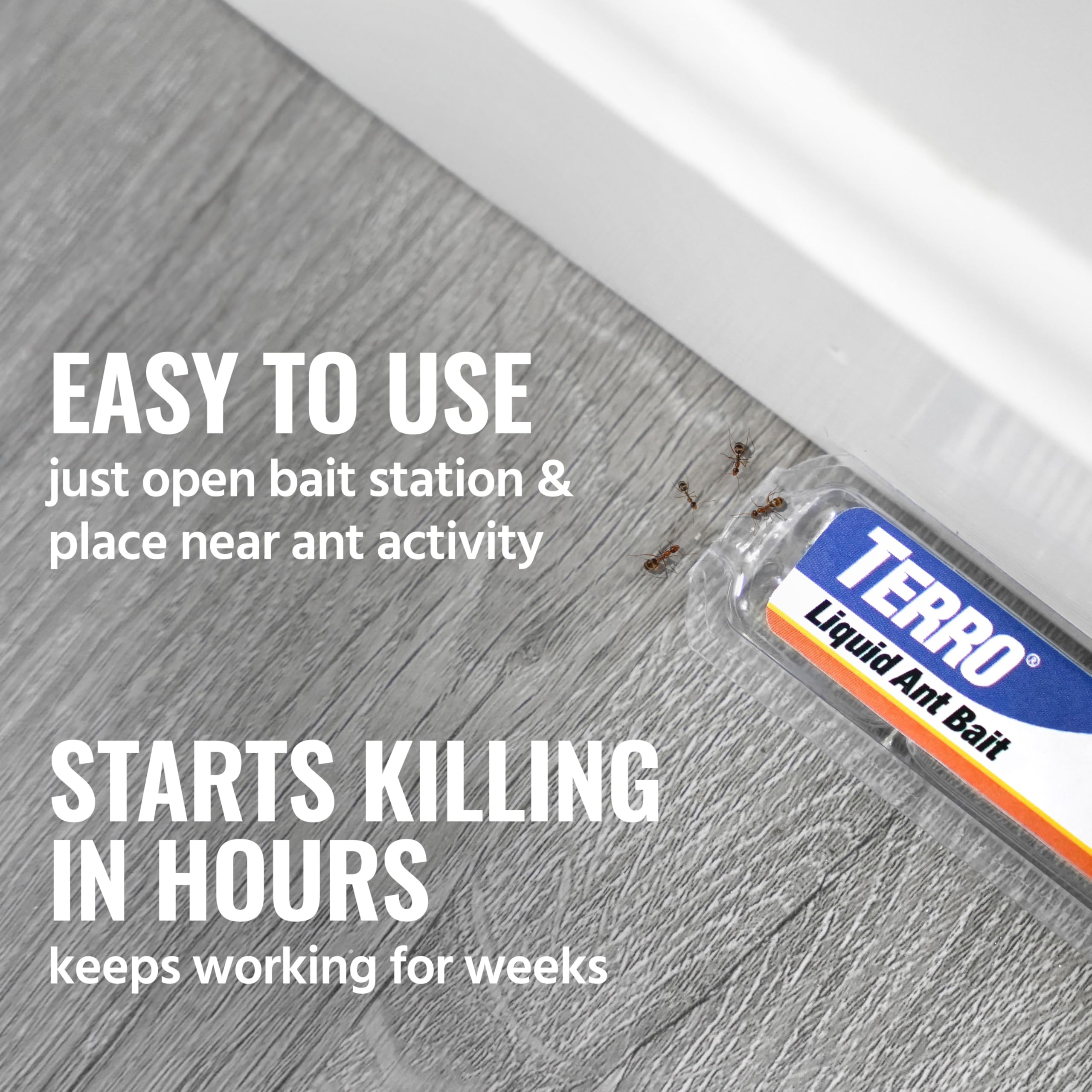 Terro window sill bait highlights unobtrusive placement catching ants along entry points.