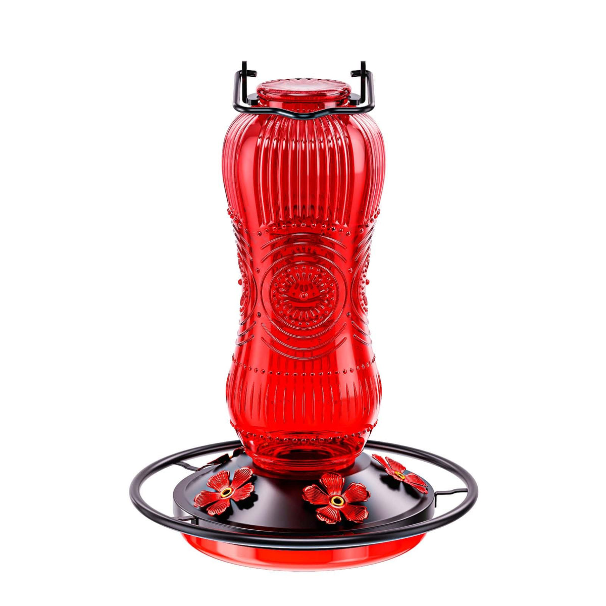 TERULF 25oz hummingbird feeder with glass body and red floral details, ideal for outdoor feeding